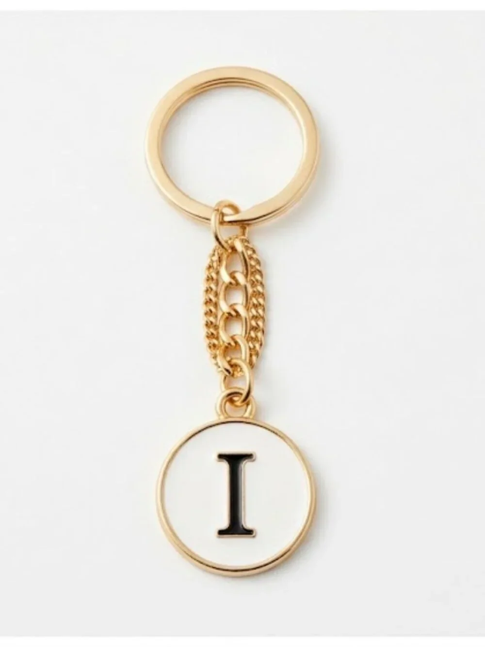 Elegant Gold & White Initial I Keychain Circle Enamel Bag Charm